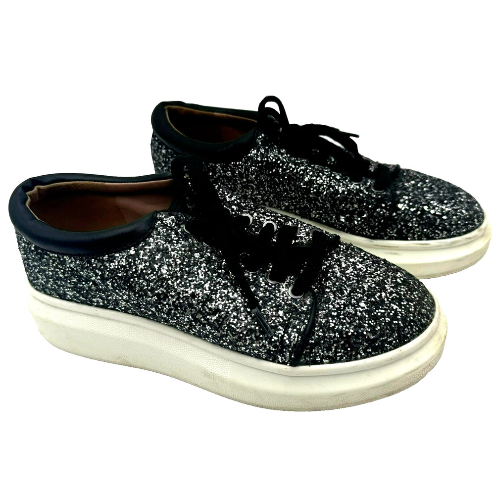 LINEA Paolo Women's Size 8 Kelsey Sneakers Black Silver Glitter Chunky Platform